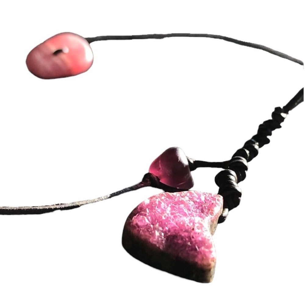 Pink Druzy Natural Raw Ruby and Rhodochrosite Leather Necklace